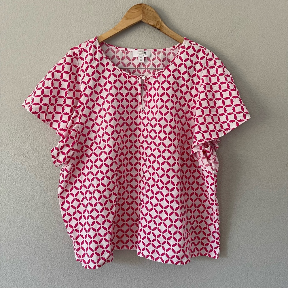Charter Club Luxury Linen Pink/White Flutter Sleeve Top Size XXL